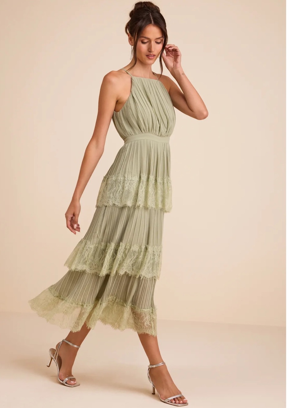 Lulus Came For Cocktails Sage Green Pleated Tiered Lace Chiffon Midi Dress Event